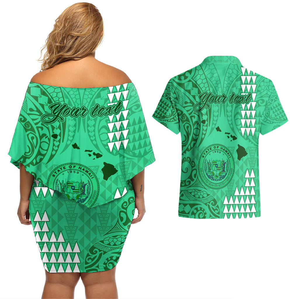 Personalised Maui Island Couples Matching Off Shoulder Short Dress and Hawaiian Shirt Kakau Tribal Mixed Polynesian Pattern Green LT9 - Wonder Print Shop