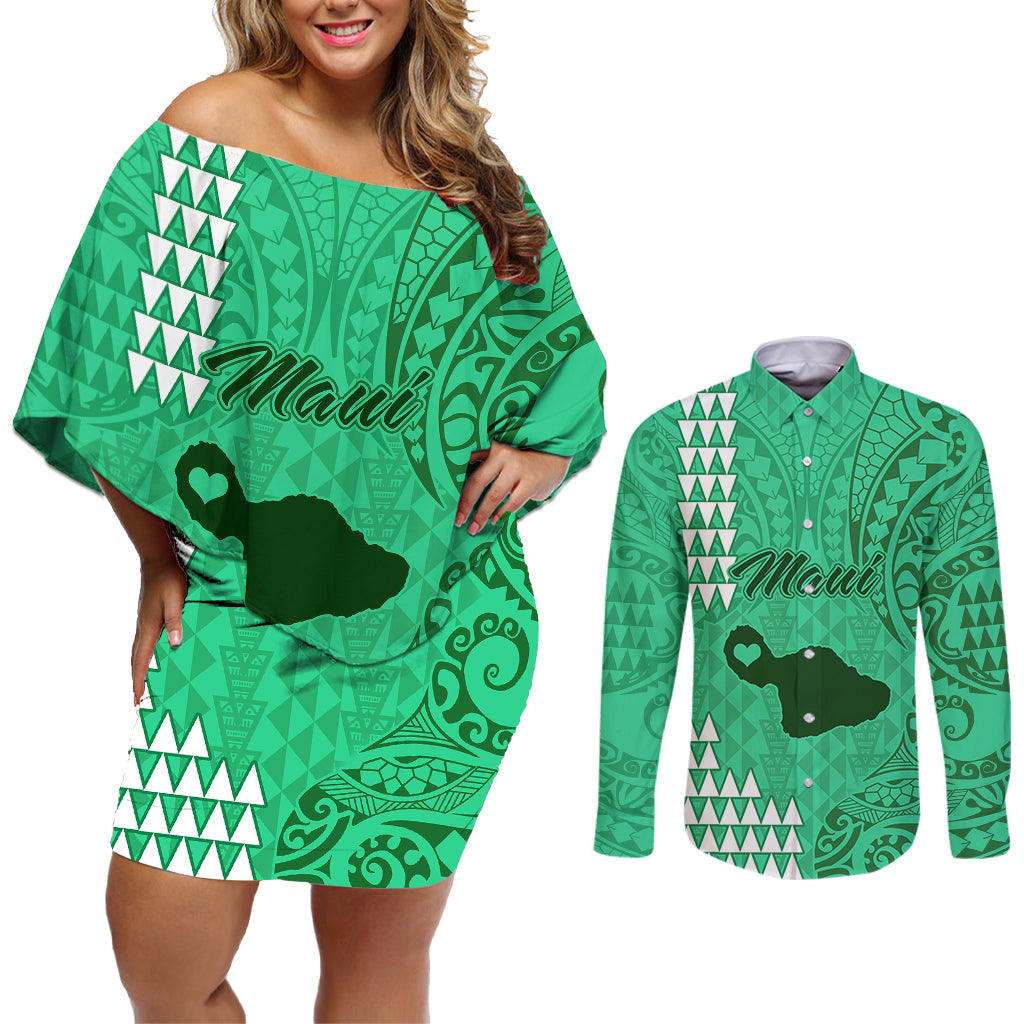 Personalised Maui Island Couples Matching Off Shoulder Short Dress and Long Sleeve Button Shirts Kakau Tribal Mixed Polynesian Pattern Green LT9 - Wonder Print Shop