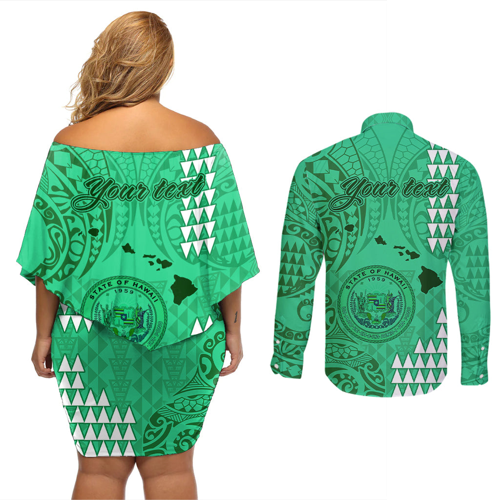 Personalised Maui Island Couples Matching Off Shoulder Short Dress and Long Sleeve Button Shirts Kakau Tribal Mixed Polynesian Pattern Green LT9 - Wonder Print Shop