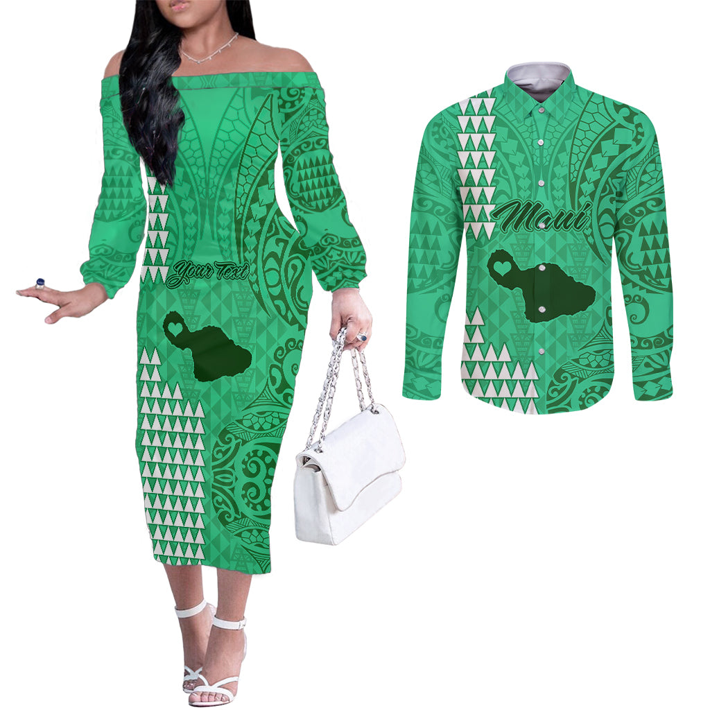 personalised-maui-island-couples-matching-off-the-shoulder-long-sleeve-dress-and-long-sleeve-button-shirts-kakau-tribal-mixed-polynesian-pattern-green