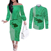 personalised-maui-island-couples-matching-off-the-shoulder-long-sleeve-dress-and-long-sleeve-button-shirts-kakau-tribal-mixed-polynesian-pattern-green