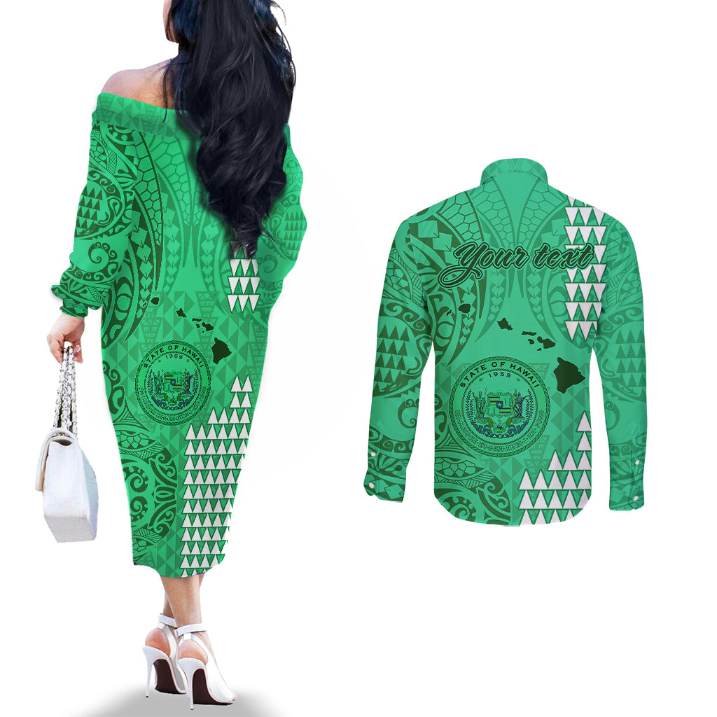 personalised-maui-island-couples-matching-off-the-shoulder-long-sleeve-dress-and-long-sleeve-button-shirts-kakau-tribal-mixed-polynesian-pattern-green