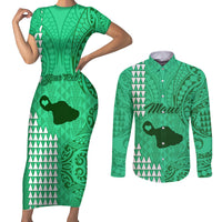 Personalised Maui Island Couples Matching Short Sleeve Bodycon Dress and Long Sleeve Button Shirts Kakau Tribal Mixed Polynesian Pattern Green LT9 - Wonder Print Shop