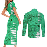 Personalised Maui Island Couples Matching Short Sleeve Bodycon Dress and Long Sleeve Button Shirts Kakau Tribal Mixed Polynesian Pattern Green LT9 - Wonder Print Shop