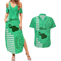 Personalised Maui Island Couples Matching Summer Maxi Dress and Hawaiian Shirt Kakau Tribal Mixed Polynesian Pattern Green LT9 - Wonder Print Shop