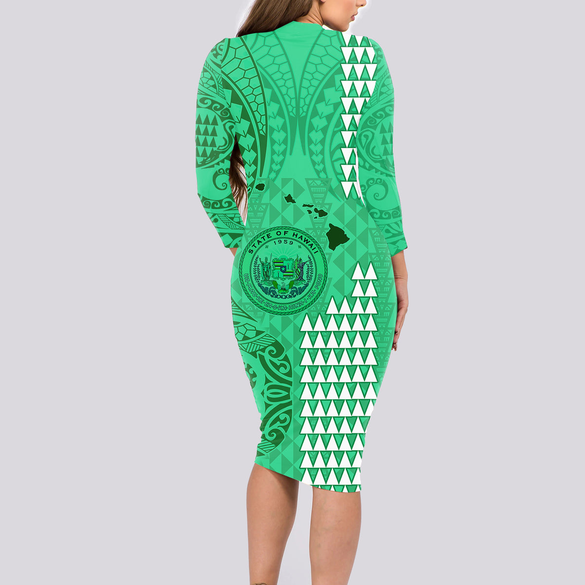 Personalised Maui Island Long Sleeve Bodycon Dress Kakau Tribal Mixed Polynesian Pattern Green - Wonder Print Shop