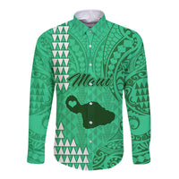 Personalised Maui Island Long Sleeve Button Shirt Kakau Tribal Mixed Polynesian Pattern Green - Wonder Print Shop