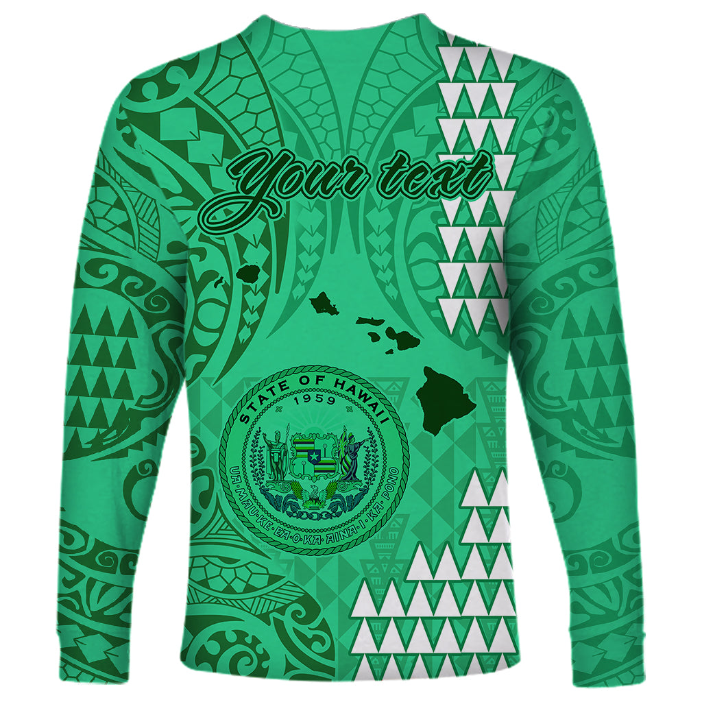 Personalised Maui Island Long Sleeve Shirt Kakau Tribal Mixed Polynesian Pattern Green - Wonder Print Shop