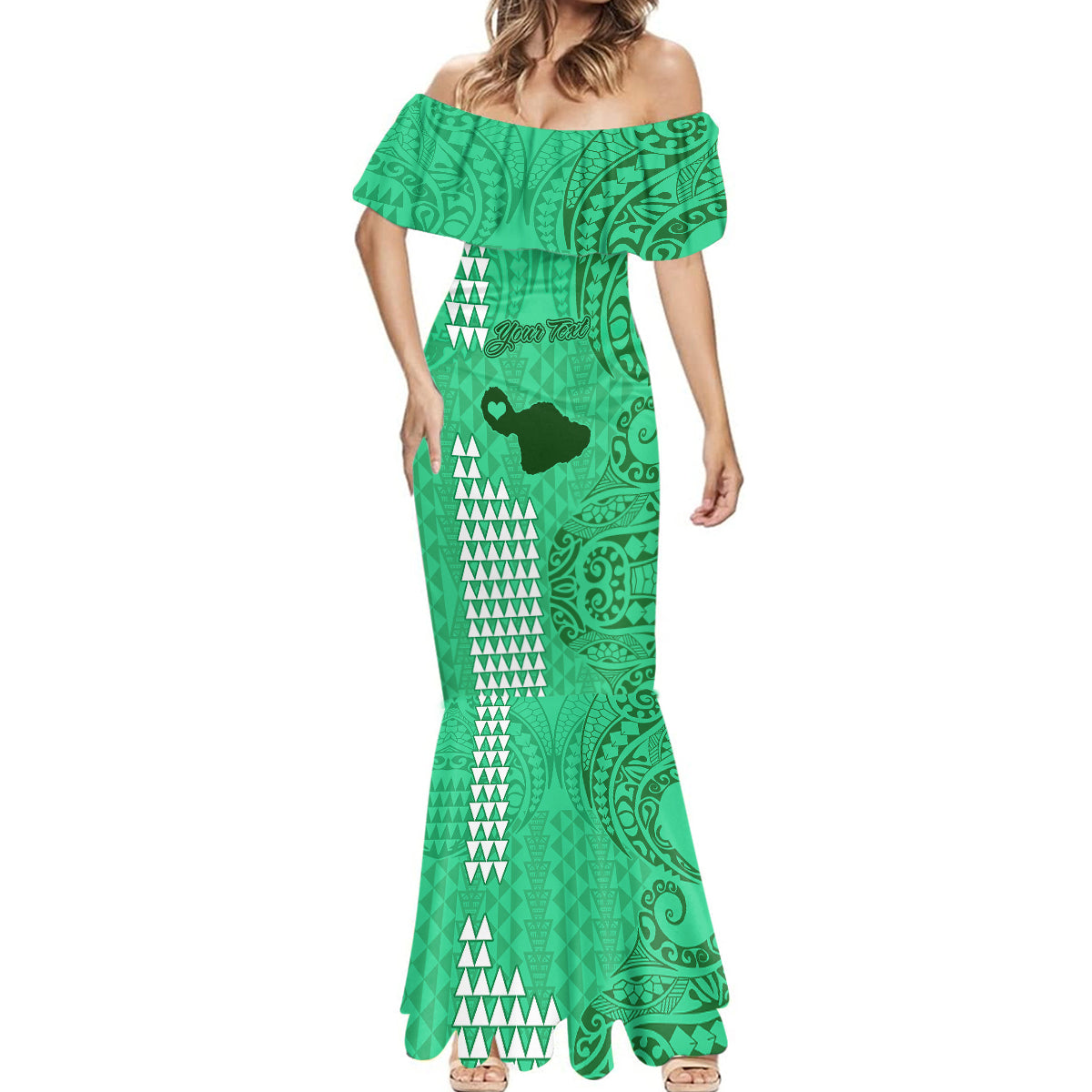 Personalised Maui Island Mermaid Dress Kakau Tribal Mixed Polynesian Pattern Green - Wonder Print Shop