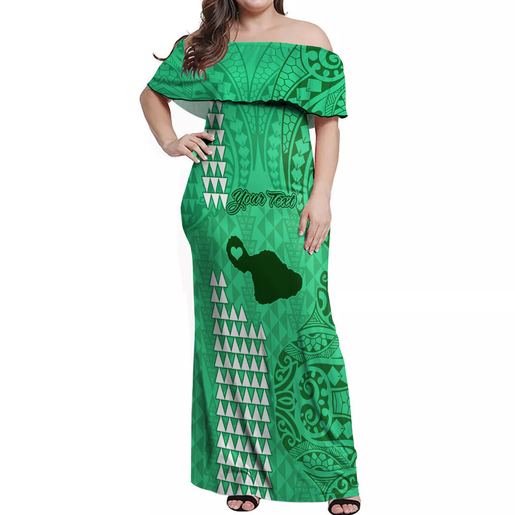 Personalised Maui Island Off Shoulder Maxi Dress Kakau Tribal Mixed Polynesian Pattern Green - Wonder Print Shop