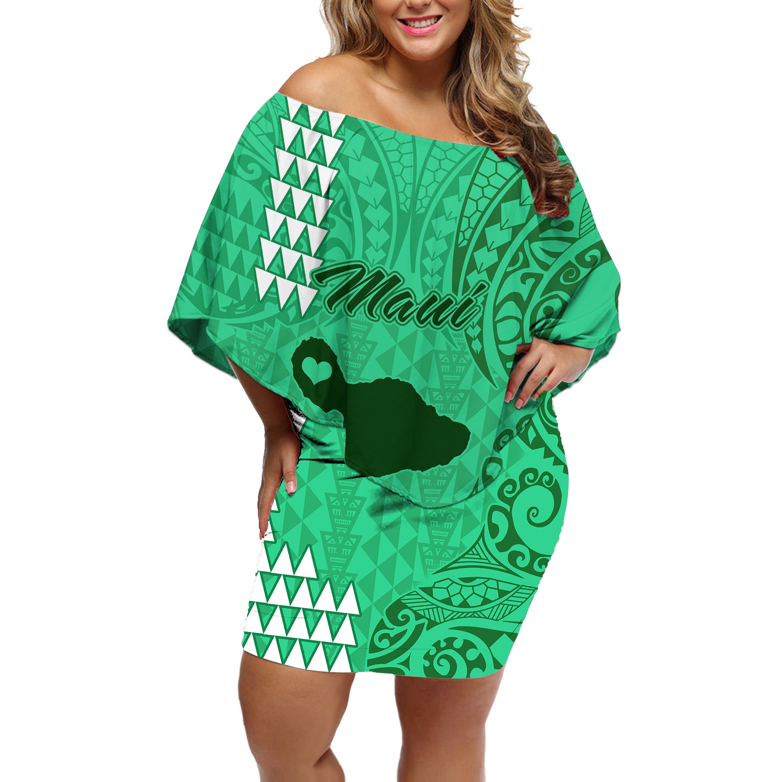Personalised Maui Island Off Shoulder Short Dress Kakau Tribal Mixed Polynesian Pattern Green - Wonder Print Shop