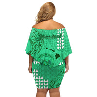 Personalised Maui Island Off Shoulder Short Dress Kakau Tribal Mixed Polynesian Pattern Green - Wonder Print Shop