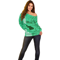 Personalised Maui Island Off Shoulder Sweater Kakau Tribal Mixed Polynesian Pattern Green - Wonder Print Shop