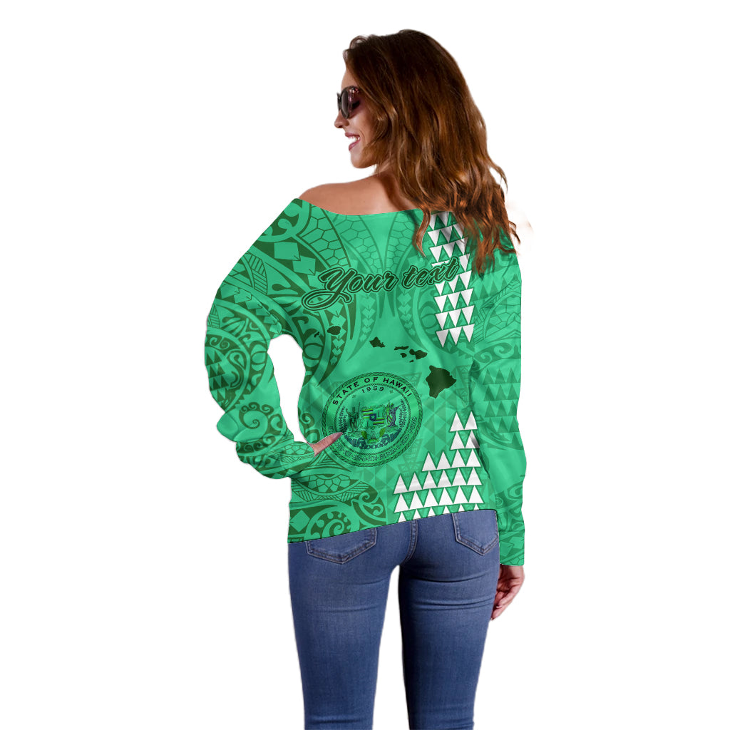 Personalised Maui Island Off Shoulder Sweater Kakau Tribal Mixed Polynesian Pattern Green - Wonder Print Shop
