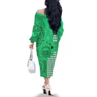 Personalised Maui Island Off The Shoulder Long Sleeve Dress Kakau Tribal Mixed Polynesian Pattern Green - Wonder Print Shop