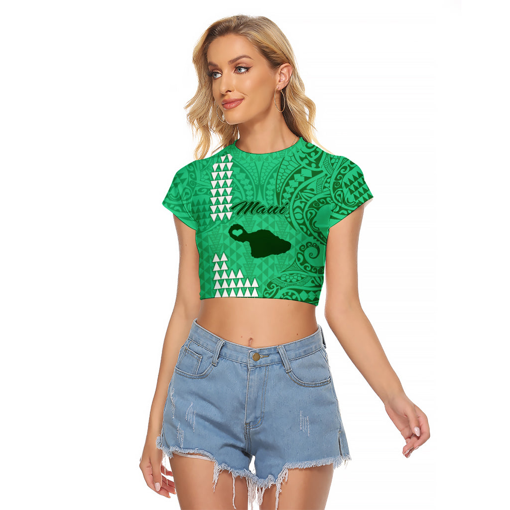 Personalised Maui Island Raglan Cropped T Shirt Kakau Tribal Mixed Polynesian Pattern Green - Wonder Print Shop