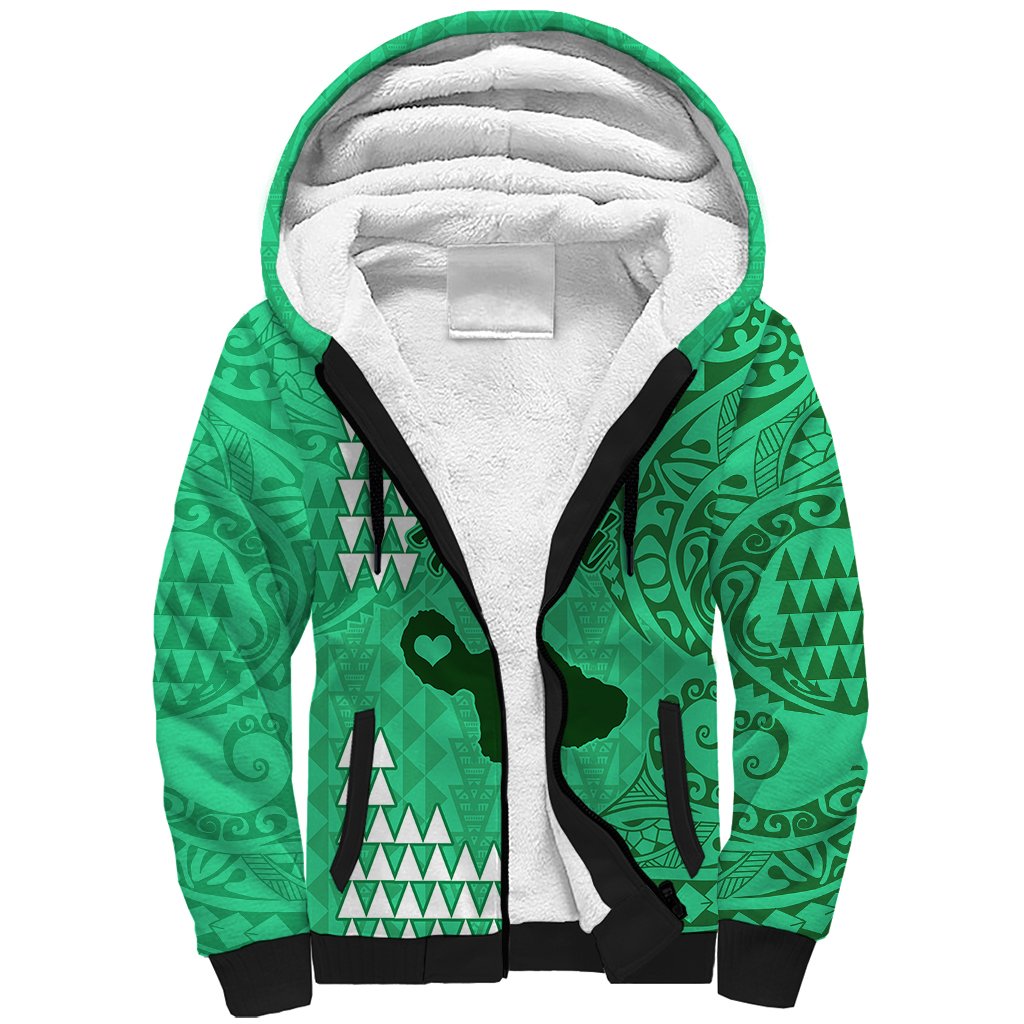 Personalised Maui Island Sherpa Hoodie Kakau Tribal Mixed Polynesian Pattern Green - Wonder Print Shop