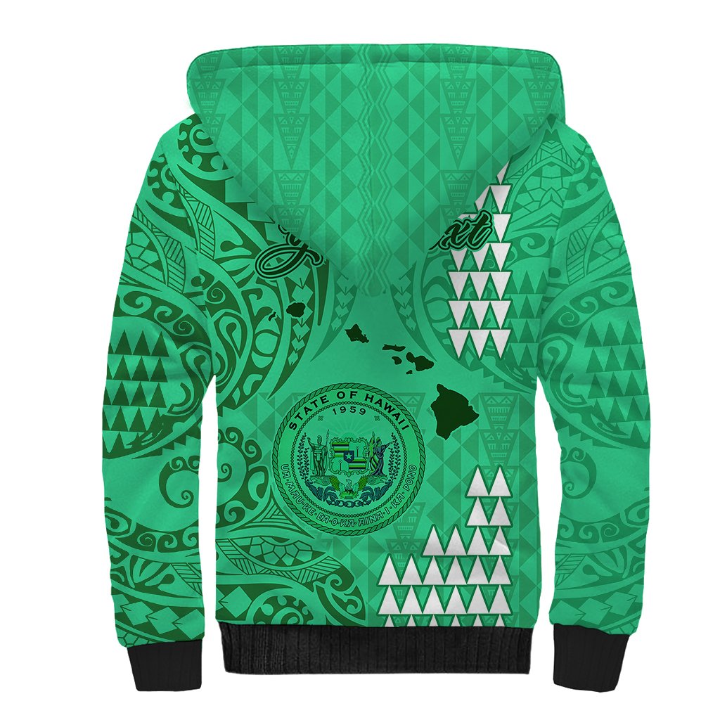 Personalised Maui Island Sherpa Hoodie Kakau Tribal Mixed Polynesian Pattern Green - Wonder Print Shop
