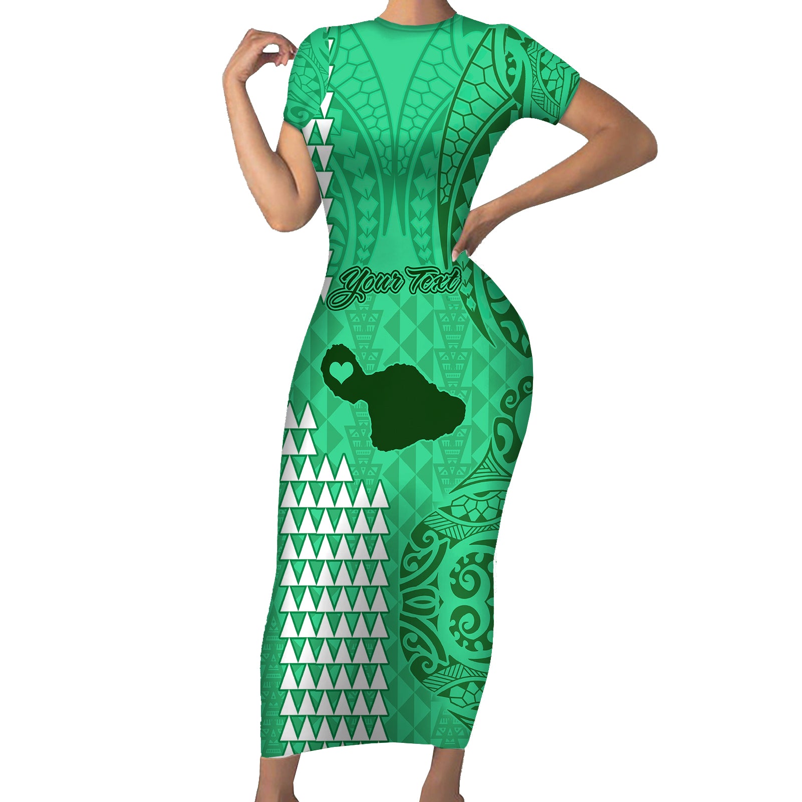 Personalised Maui Island Short Sleeve Bodycon Dress Kakau Tribal Mixed Polynesian Pattern Green - Wonder Print Shop