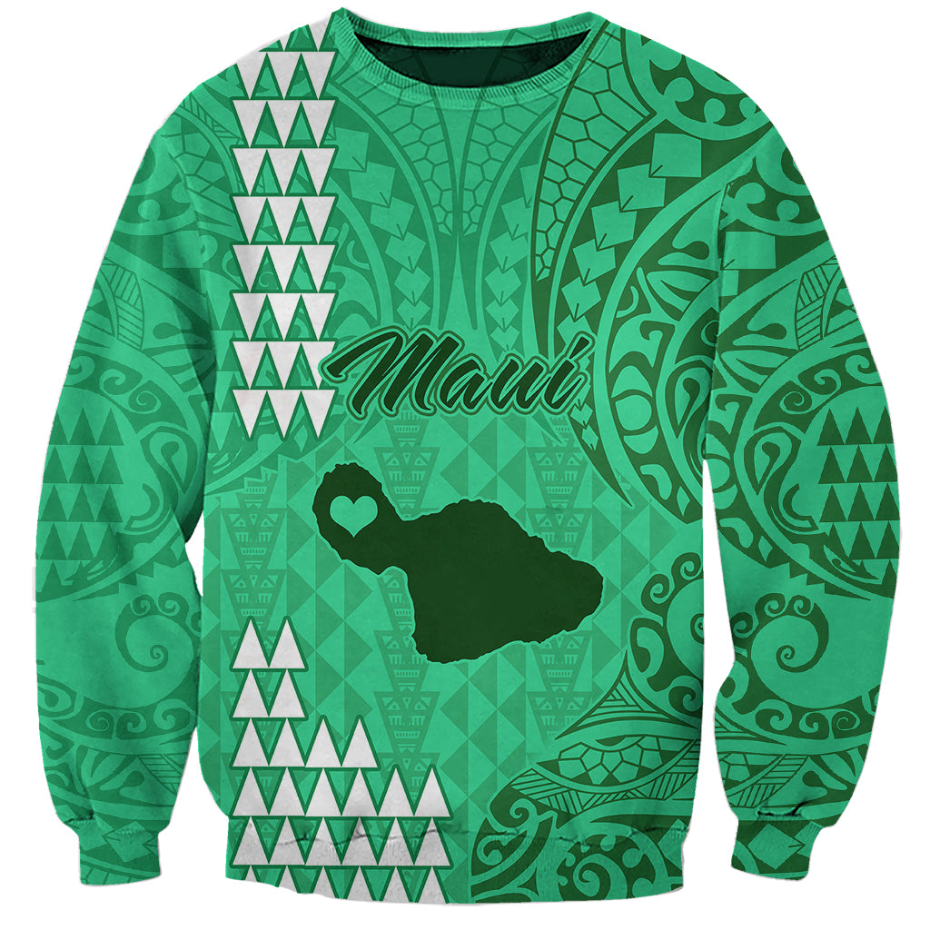 Personalised Maui Island Sweatshirt Kakau Tribal Mixed Polynesian Pattern Green - Wonder Print Shop