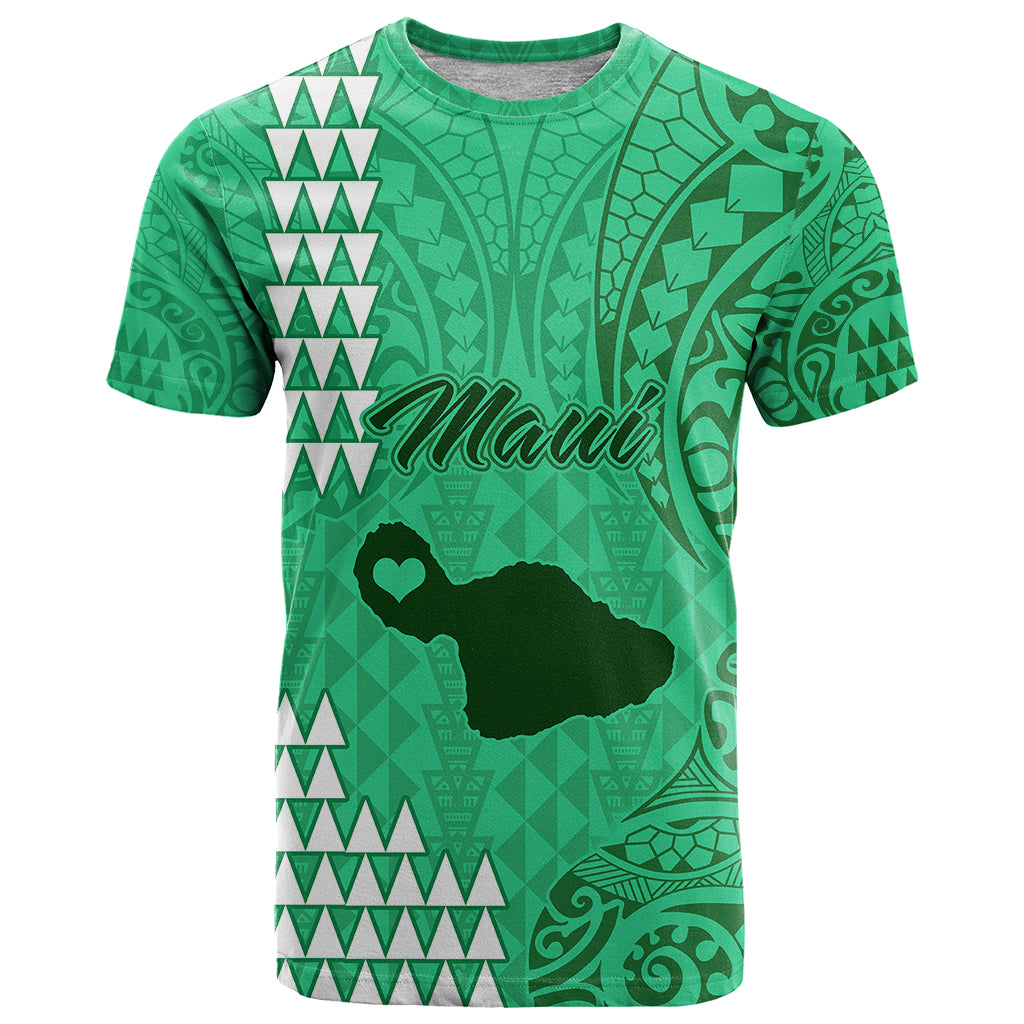 Personalised Maui Island T Shirt Kakau Tribal Mixed Polynesian Pattern Green - Wonder Print Shop