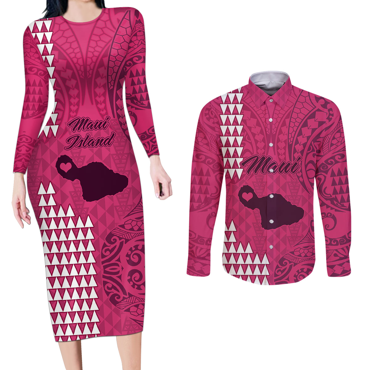 Maui Island Couples Matching Long Sleeve Bodycon Dress and Long Sleeve Button Shirts Kakau Tribal Mixed Polynesian Pattern Pink LT9 - Wonder Print Shop