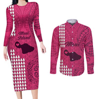 Maui Island Couples Matching Long Sleeve Bodycon Dress and Long Sleeve Button Shirts Kakau Tribal Mixed Polynesian Pattern Pink LT9 - Wonder Print Shop