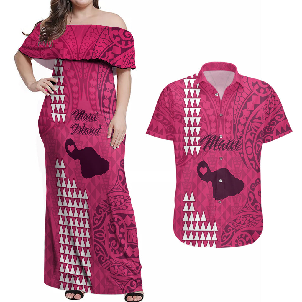 Maui Island Couples Matching Off Shoulder Maxi Dress and Hawaiian Shirt Kakau Tribal Mixed Polynesian Pattern Pink LT9 - Wonder Print Shop