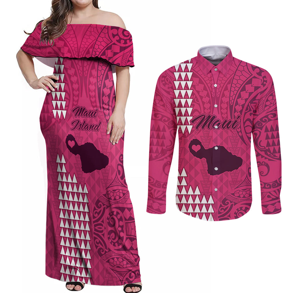 Maui Island Couples Matching Off Shoulder Maxi Dress and Long Sleeve Button Shirts Kakau Tribal Mixed Polynesian Pattern Pink LT9 - Wonder Print Shop