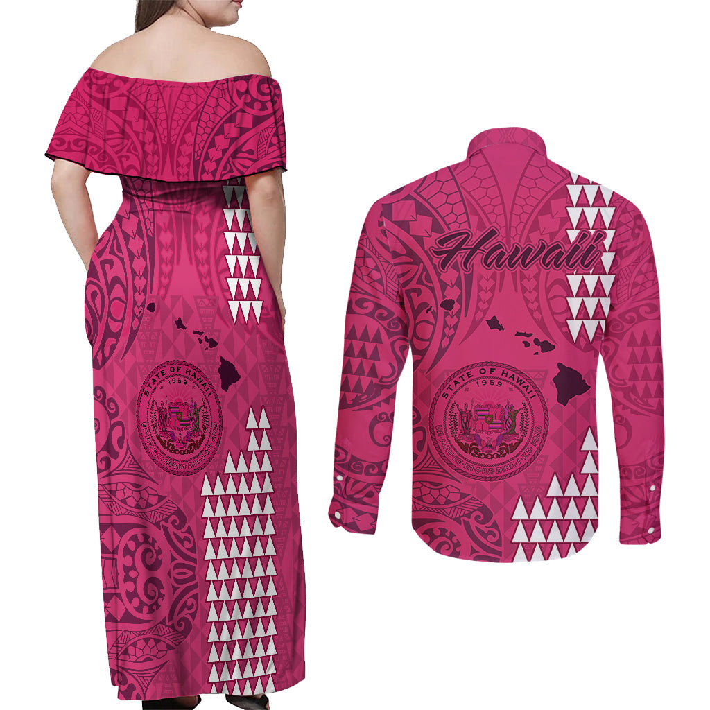 Maui Island Couples Matching Off Shoulder Maxi Dress and Long Sleeve Button Shirts Kakau Tribal Mixed Polynesian Pattern Pink LT9 - Wonder Print Shop
