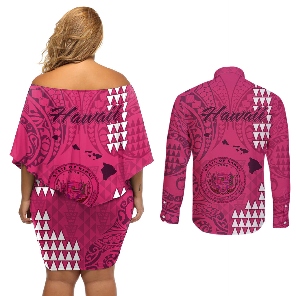 Maui Island Couples Matching Off Shoulder Short Dress and Long Sleeve Button Shirts Kakau Tribal Mixed Polynesian Pattern Pink LT9 - Wonder Print Shop