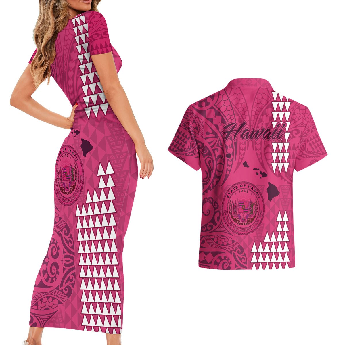 Maui Island Couples Matching Short Sleeve Bodycon Dress and Hawaiian Shirt Kakau Tribal Mixed Polynesian Pattern Pink LT9 - Wonder Print Shop