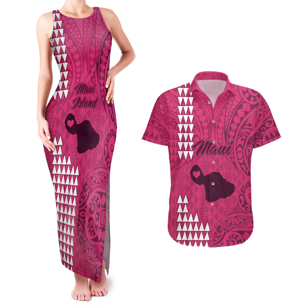 Maui Island Couples Matching Tank Maxi Dress and Hawaiian Shirt Kakau Tribal Mixed Polynesian Pattern Pink LT9 - Wonder Print Shop