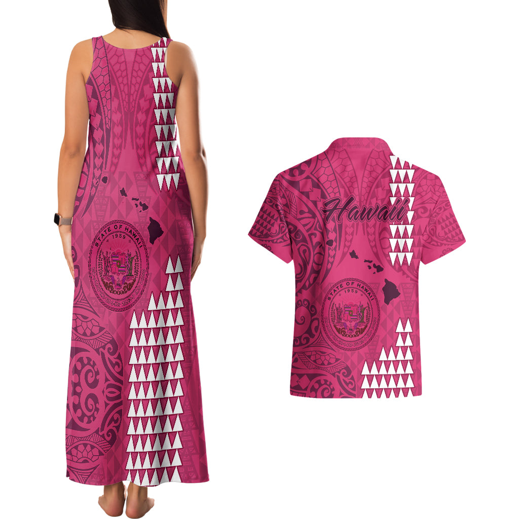 Maui Island Couples Matching Tank Maxi Dress and Hawaiian Shirt Kakau Tribal Mixed Polynesian Pattern Pink LT9 - Wonder Print Shop