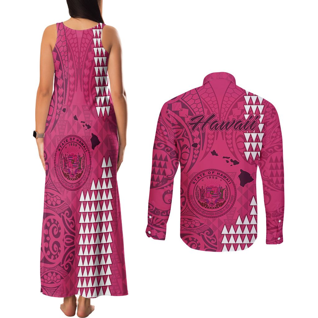 Maui Island Couples Matching Tank Maxi Dress and Long Sleeve Button Shirts Kakau Tribal Mixed Polynesian Pattern Pink LT9 - Wonder Print Shop
