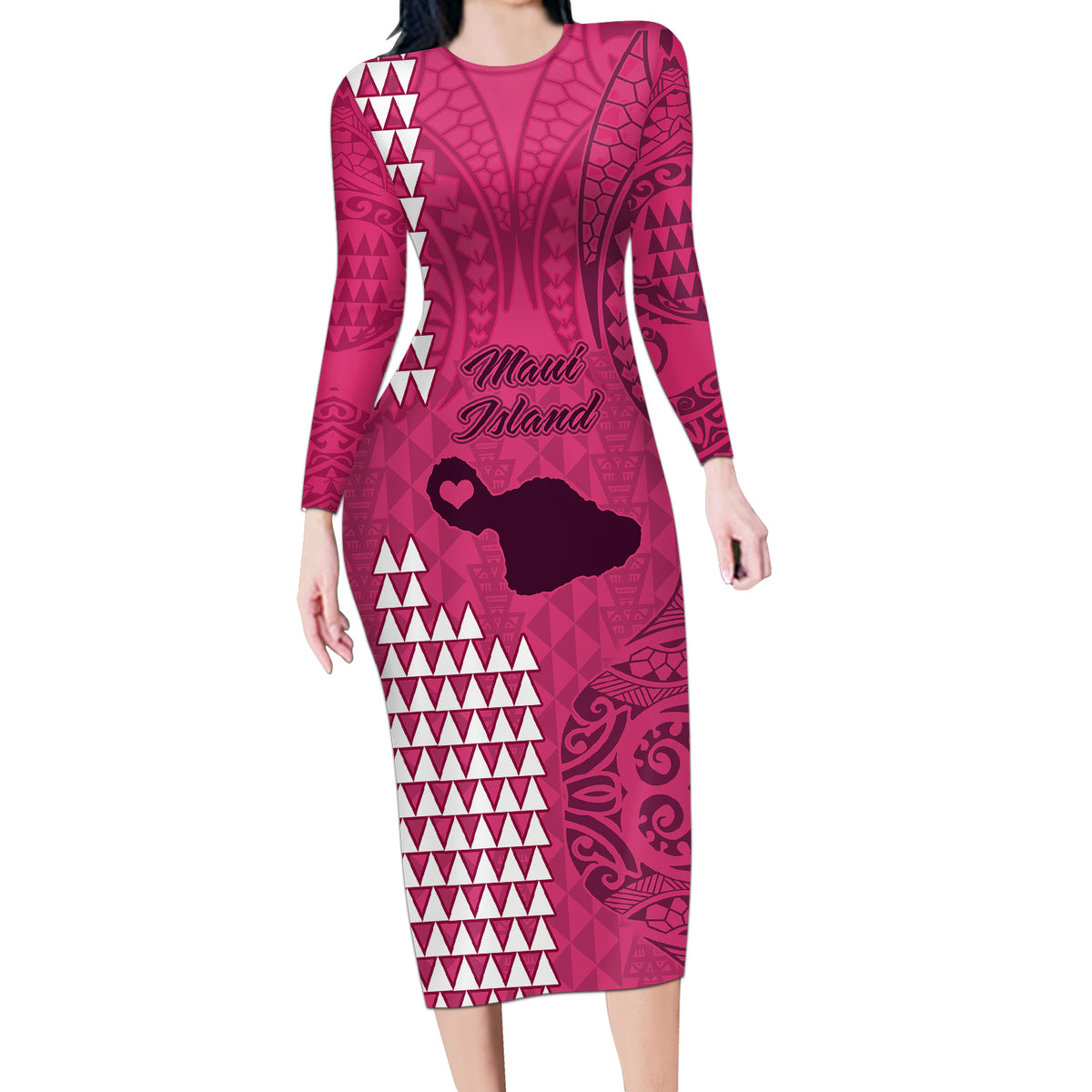 Maui Island Long Sleeve Bodycon Dress Kakau Tribal Mixed Polynesian Pattern Pink - Wonder Print Shop