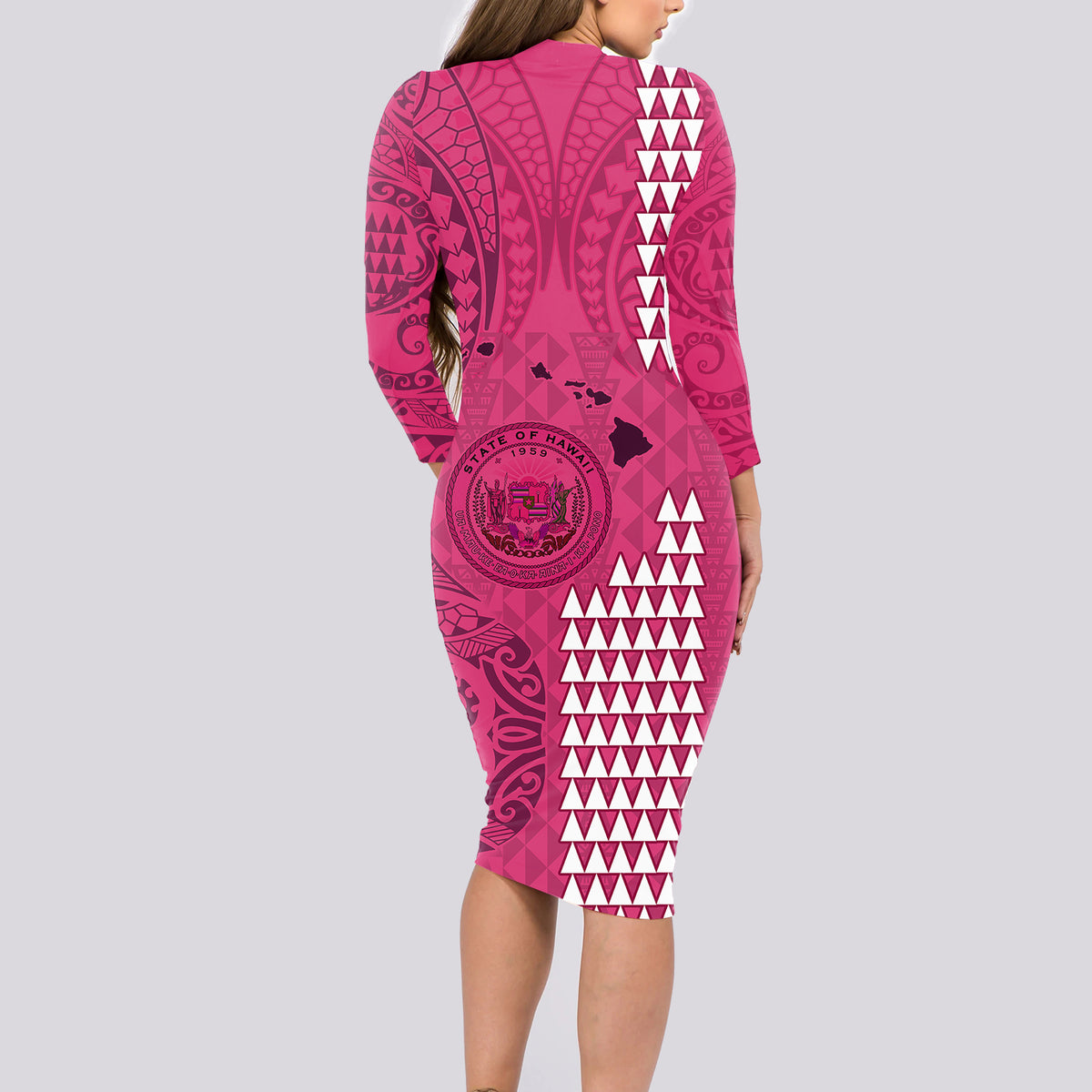 Maui Island Long Sleeve Bodycon Dress Kakau Tribal Mixed Polynesian Pattern Pink - Wonder Print Shop