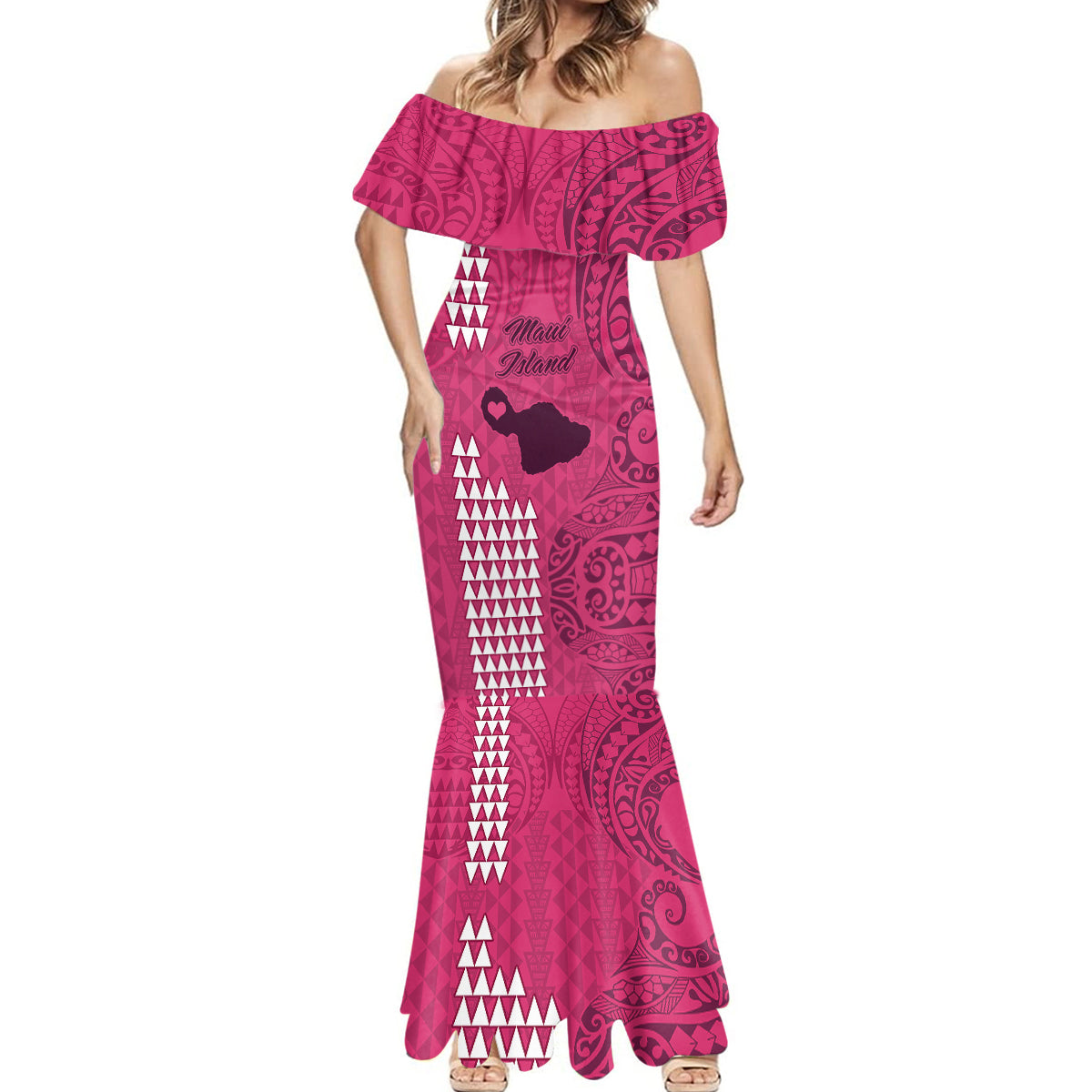 Maui Island Mermaid Dress Kakau Tribal Mixed Polynesian Pattern Pink - Wonder Print Shop