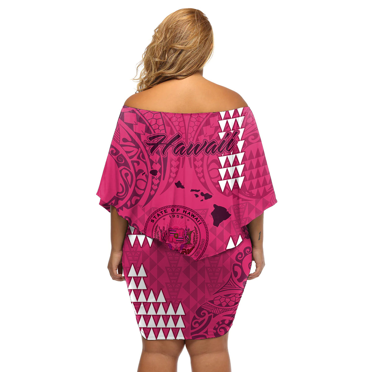 Maui Island Off Shoulder Short Dress Kakau Tribal Mixed Polynesian Pattern Pink - Wonder Print Shop