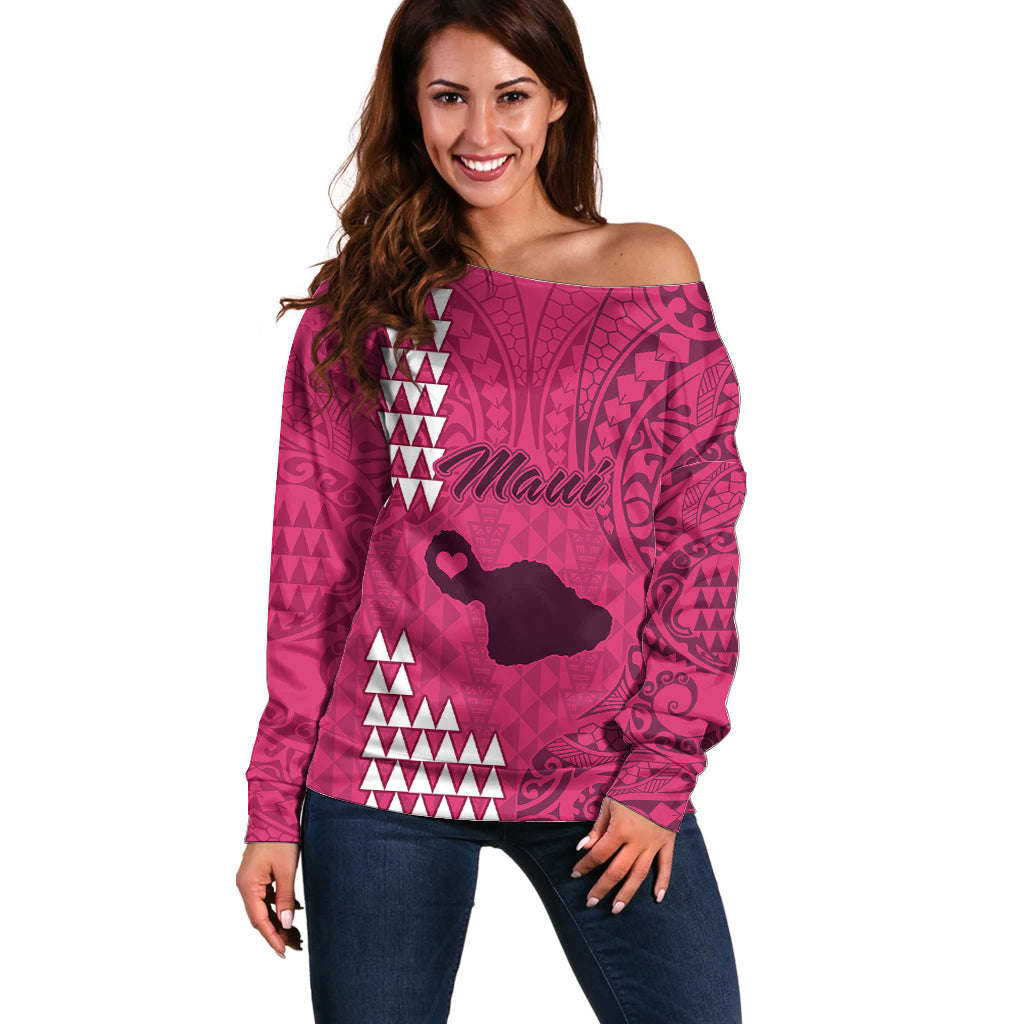 Maui Island Off Shoulder Sweater Kakau Tribal Mixed Polynesian Pattern Pink - Wonder Print Shop