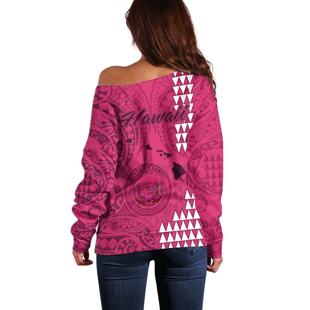 Maui Island Off Shoulder Sweater Kakau Tribal Mixed Polynesian Pattern Pink - Wonder Print Shop