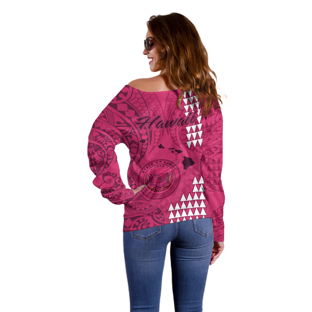 Maui Island Off Shoulder Sweater Kakau Tribal Mixed Polynesian Pattern Pink - Wonder Print Shop