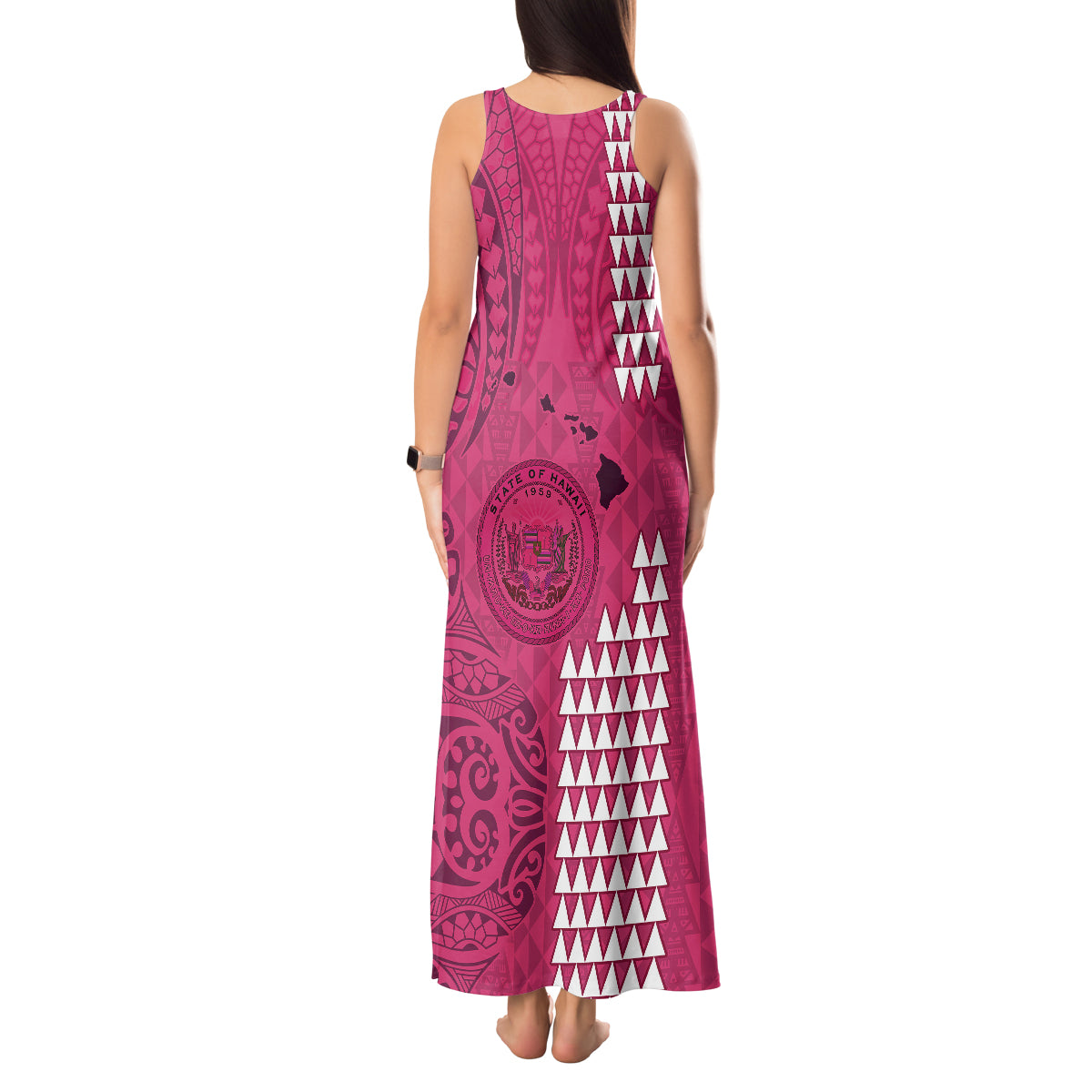 Maui Island Tank Maxi Dress Kakau Tribal Mixed Polynesian Pattern Pink - Wonder Print Shop