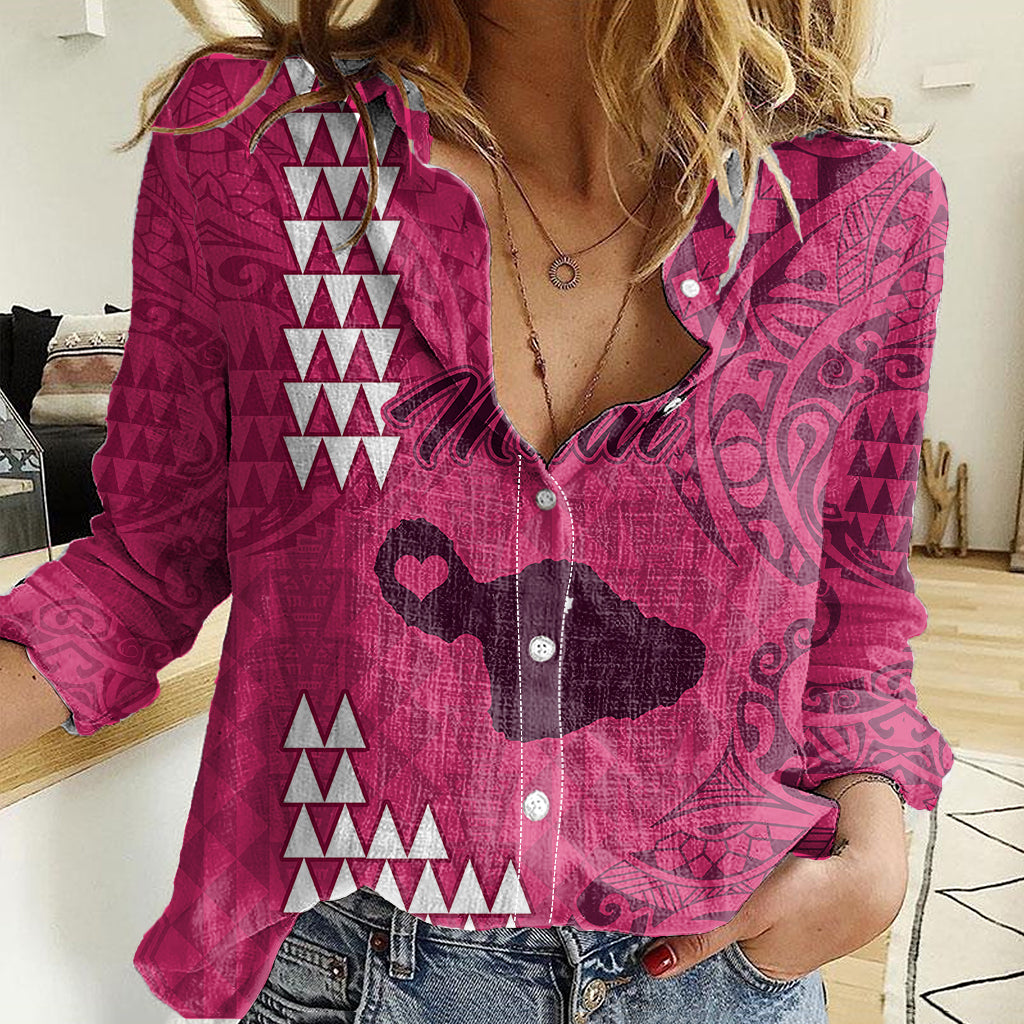 Maui Island Women Casual Shirt Kakau Tribal Mixed Polynesian Pattern Pink - Wonder Print Shop
