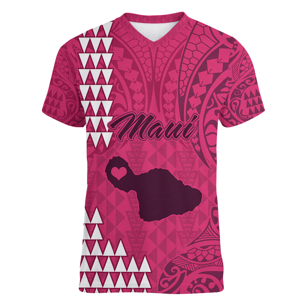 Maui Island Women V Neck T Shirt Kakau Tribal Mixed Polynesian Pattern Pink - Wonder Print Shop