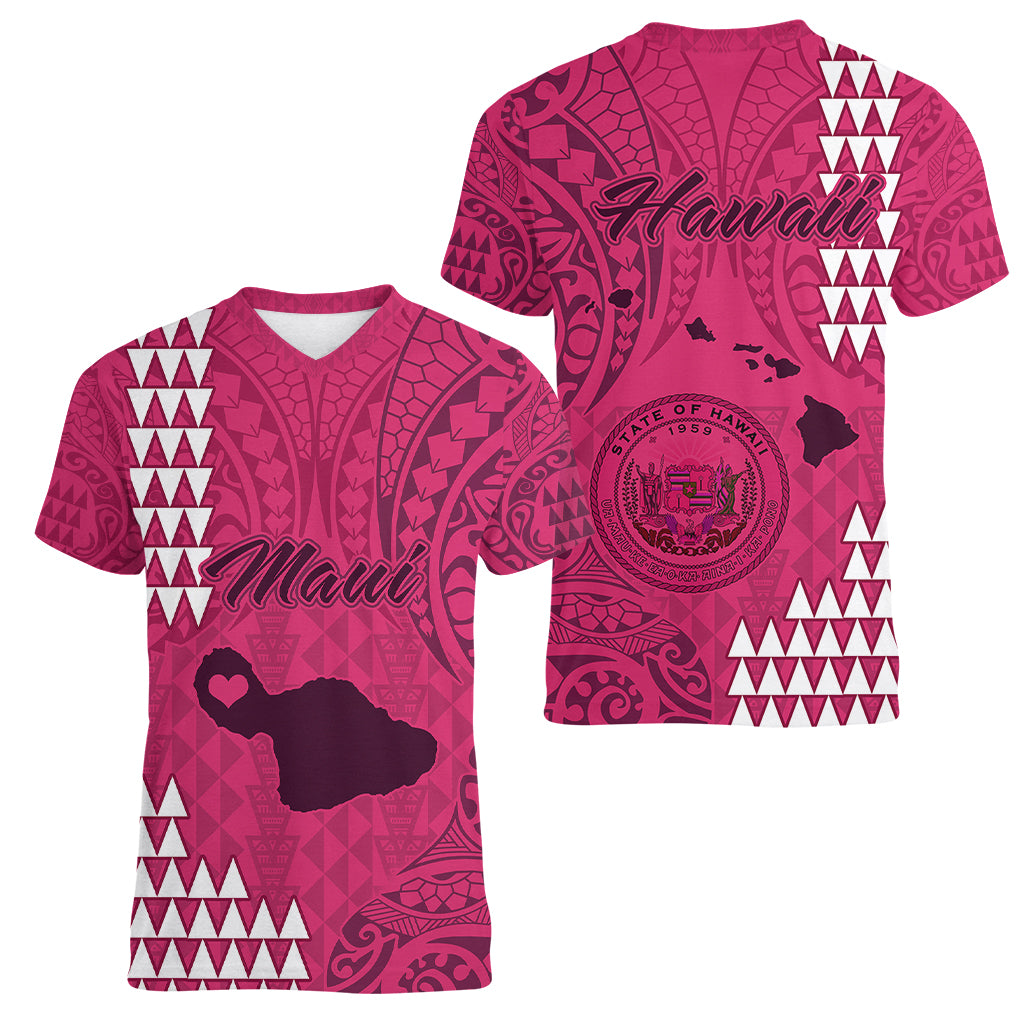Maui Island Women V Neck T Shirt Kakau Tribal Mixed Polynesian Pattern Pink - Wonder Print Shop