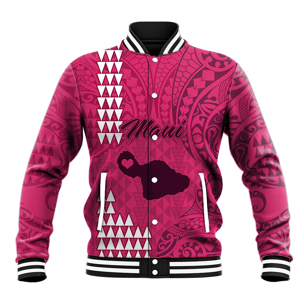 Personalised Maui Island Baseball Jacket Kakau Tribal Mixed Polynesian Pattern Pink LT9 - Wonder Print Shop
