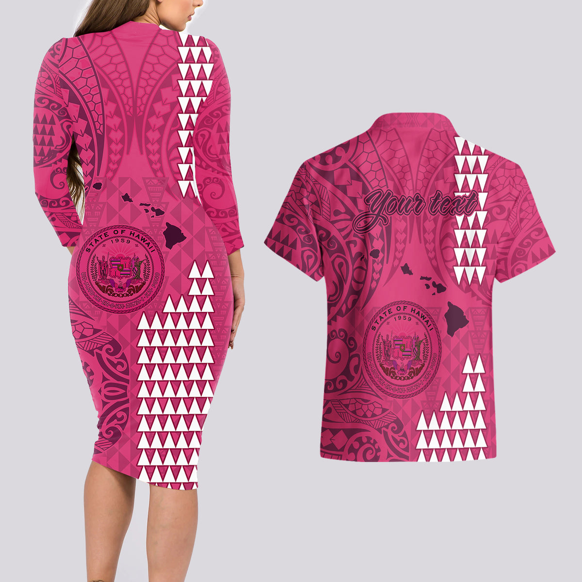 Personalised Maui Island Couples Matching Long Sleeve Bodycon Dress and Hawaiian Shirt Kakau Tribal Mixed Polynesian Pattern Pink LT9 - Wonder Print Shop