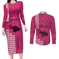 Personalised Maui Island Couples Matching Long Sleeve Bodycon Dress and Long Sleeve Button Shirts Kakau Tribal Mixed Polynesian Pattern Pink LT9 - Wonder Print Shop