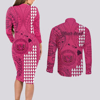 Personalised Maui Island Couples Matching Long Sleeve Bodycon Dress and Long Sleeve Button Shirts Kakau Tribal Mixed Polynesian Pattern Pink LT9 - Wonder Print Shop